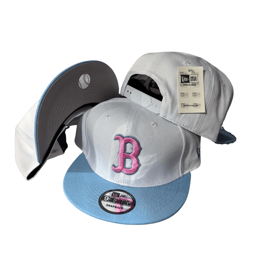 Boston Red Sox White with Baby Blue Brim and Pink Logo Snapback Cap