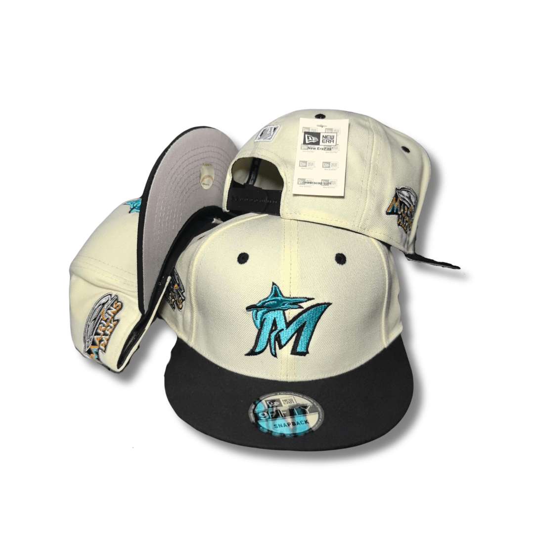 Miami Marlins Cream and Black with Embroidered blue Logo Snapback Cap