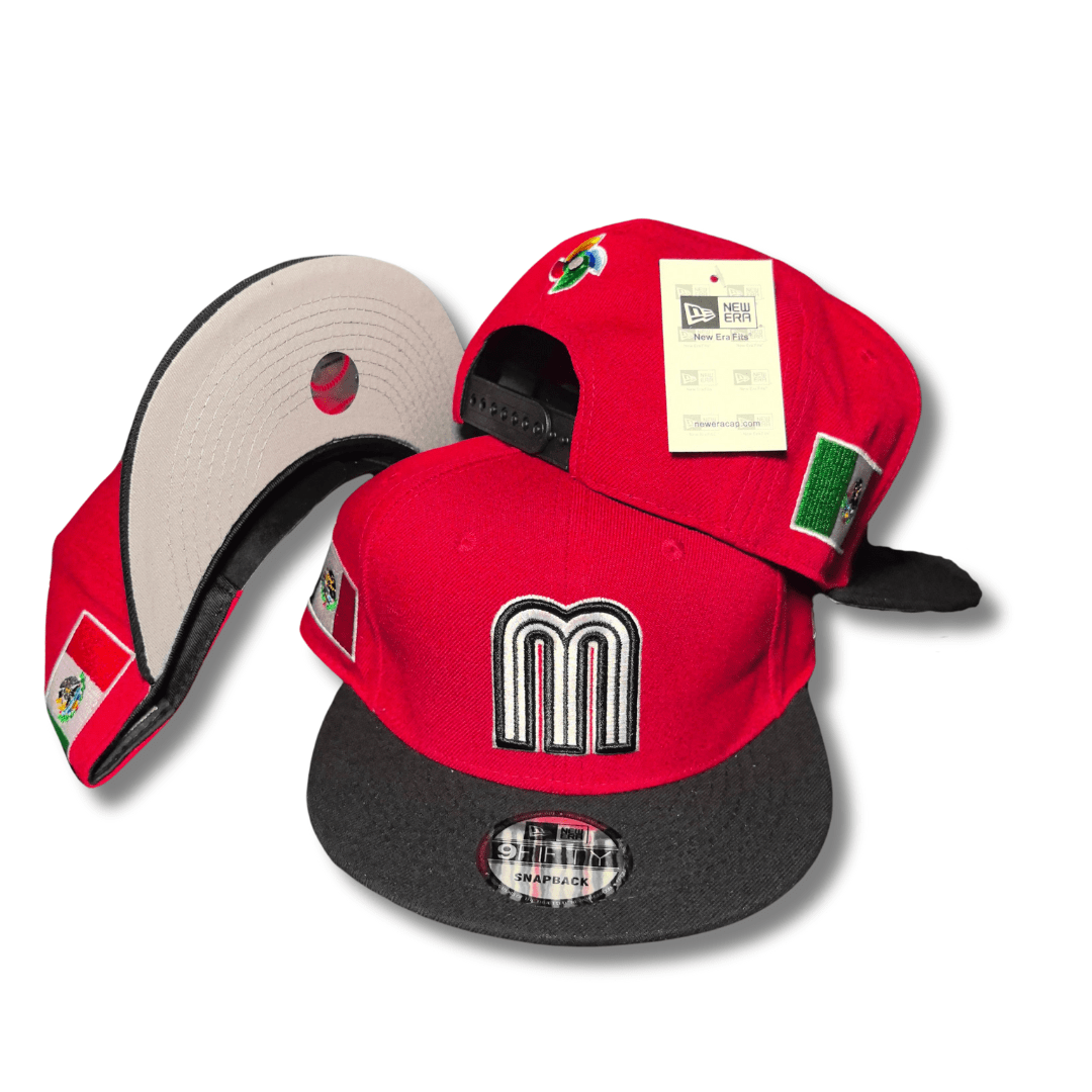 Mexico Baseball Red and Black with Embroidered Logo and Flag Patch Snapback Cap