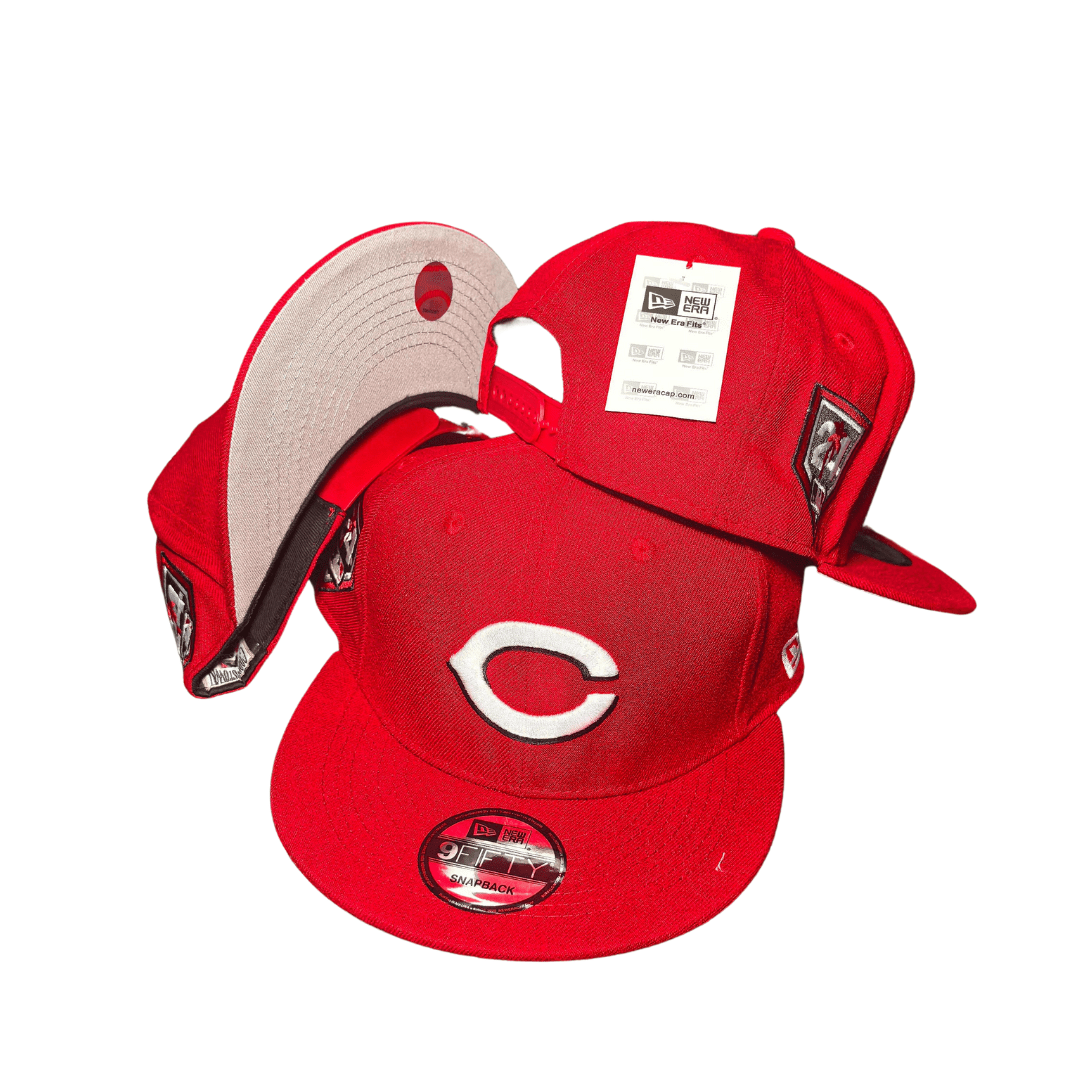 Cincinnati Reds Snapback Hat with White Embroidered Logo and Commemorative Side Patches - Snapback