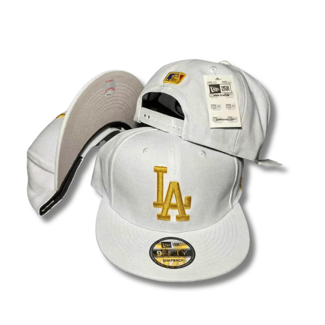 LA Dodgers with Gold Embroidered Logo White Snapback Cap