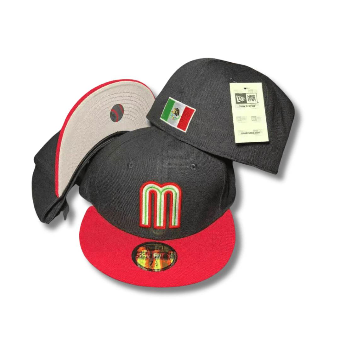 Team Mexico with Embroidered Logo and Red Brim Black Fitted Cap