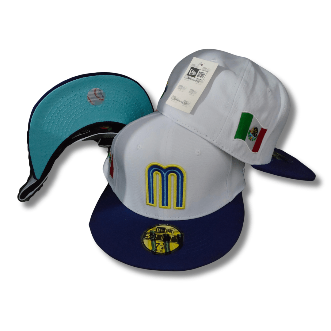 Mexico Baseball Fitted Hat with Embroidered Logo and Flag White and Blue - Fitted