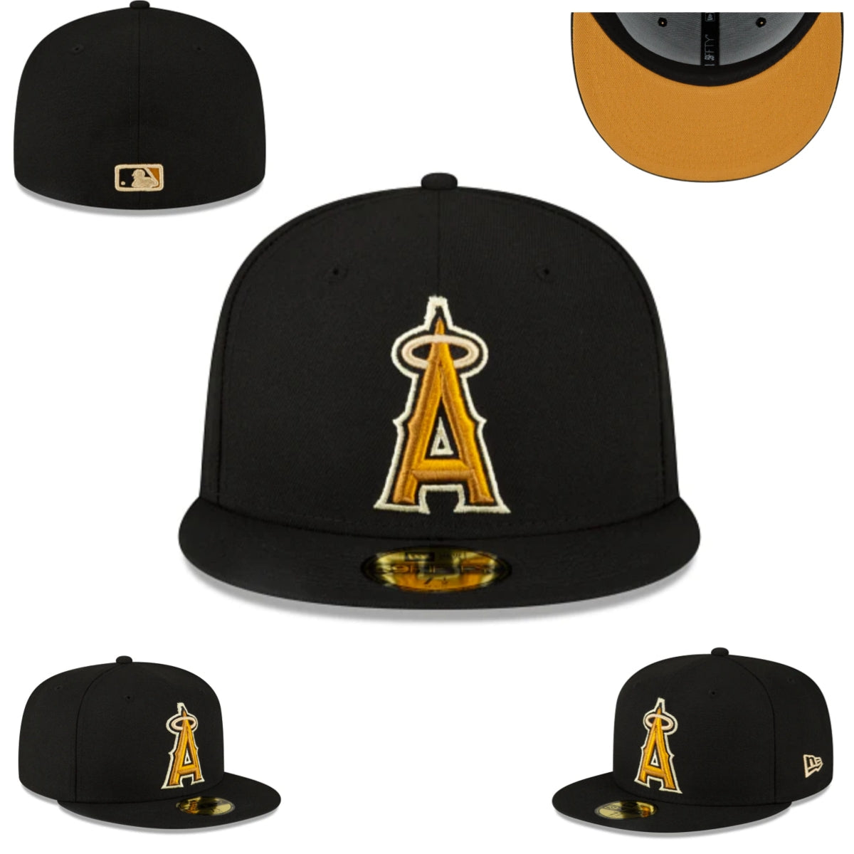 Los Angeles Angels Fitted Hat - Black with Gold Logo and Orange Undervisor