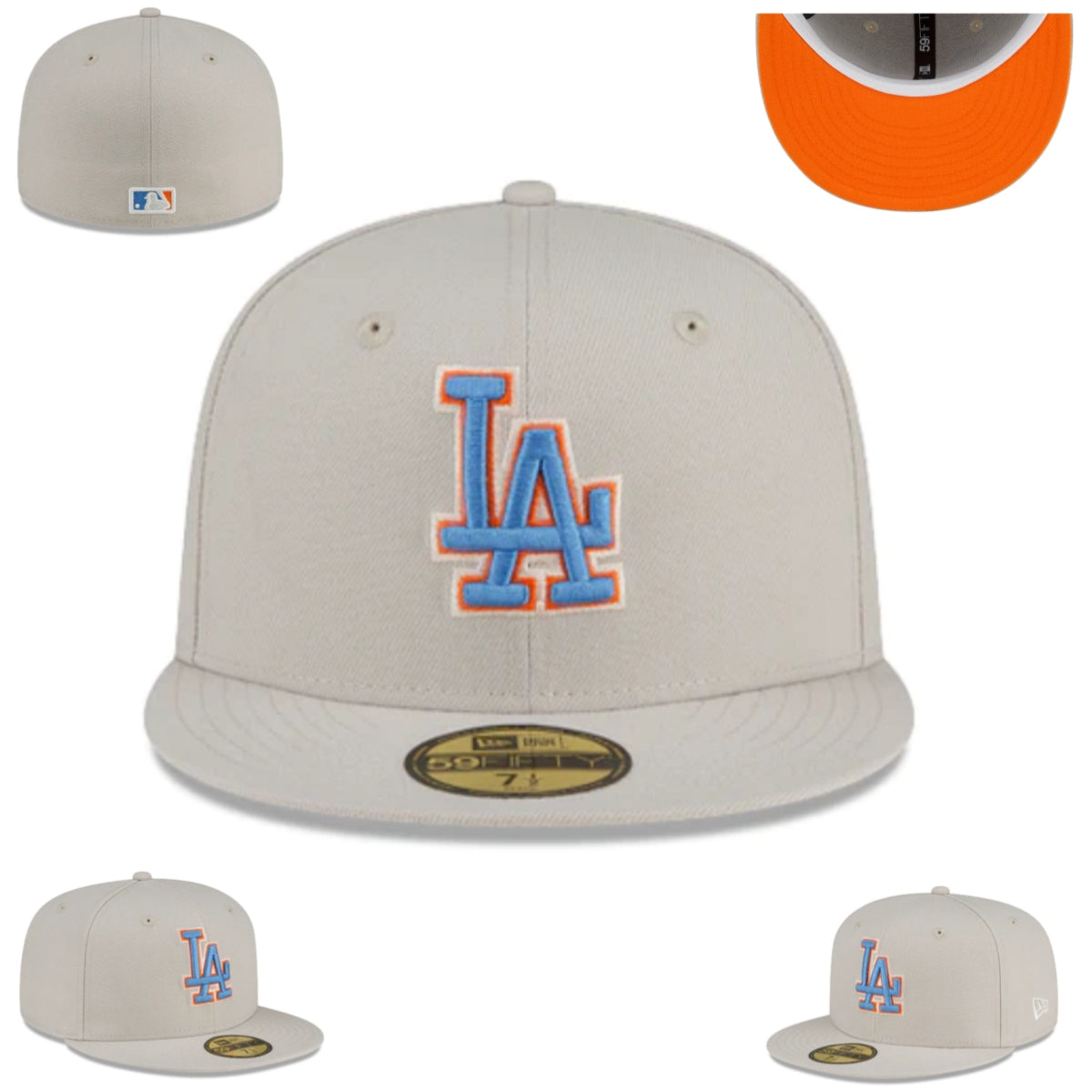 Los Angeles Dodgers Fitted Hat - Light Gray with Blue and Orange Logo & Bright Orange Undervisor