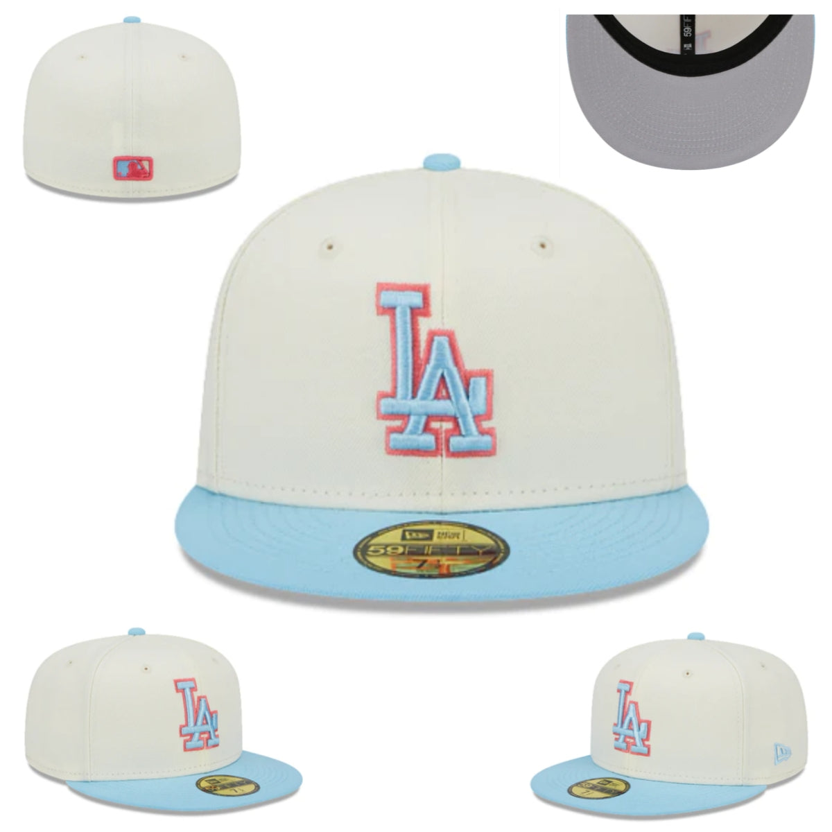 Los Angeles Dodgers Fitted Hat - Cream with Light Blue Brim and Red-Outlined Logo