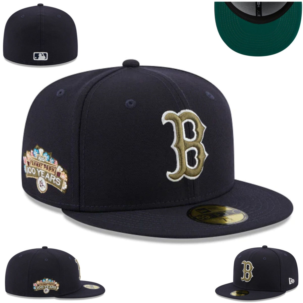 Boston Red Sox 100th Anniversary Fitted Hat - Navy with Gold Embroidery and Green Under-Visor