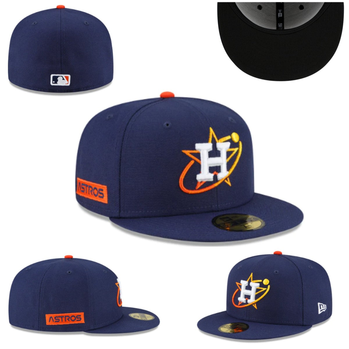 Houston Astros Fitted Hat with Retro Orbit Logo and Black Underbrim - Navy Blue