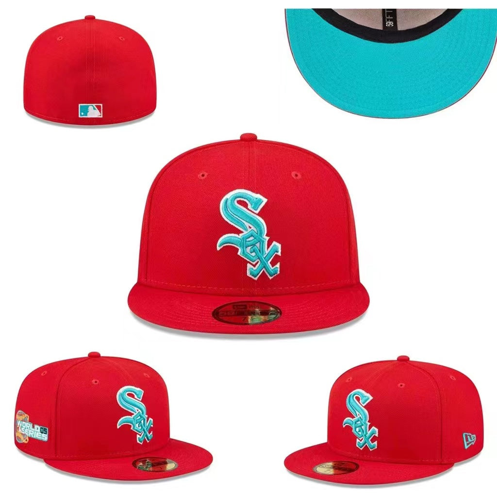 Chicago White Sox 2005 World Series Fitted Hat with Teal Logo and Underbrim - Red