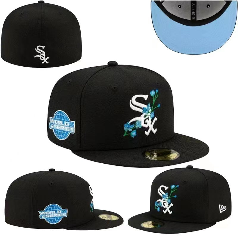Chicago White Sox Fitted MLB Hat with 2005 World Series Patch and Floral Accents - Black