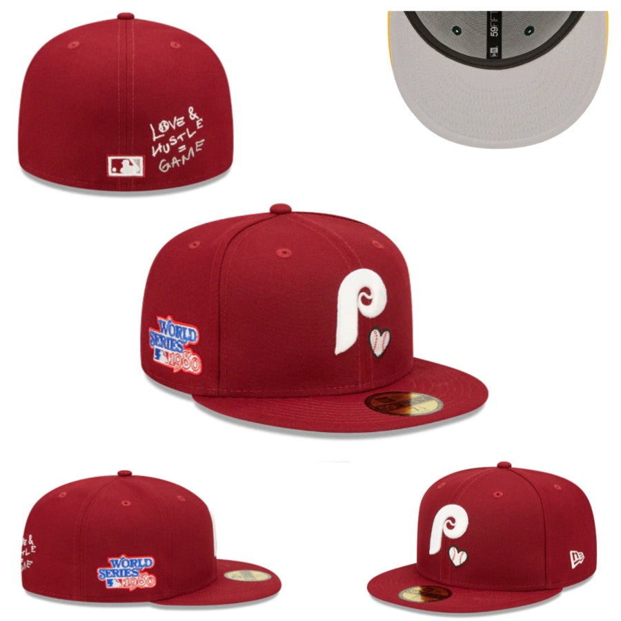 Philadelphia Phillies Fitted MLB Hat with Love & Hustle Detail and World Series Patch - Maroon