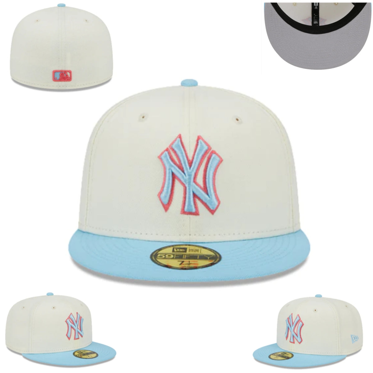 New York Yankees 59FIFTY Hat with Pink and Blue Logo - Cream with Light Blue Brim