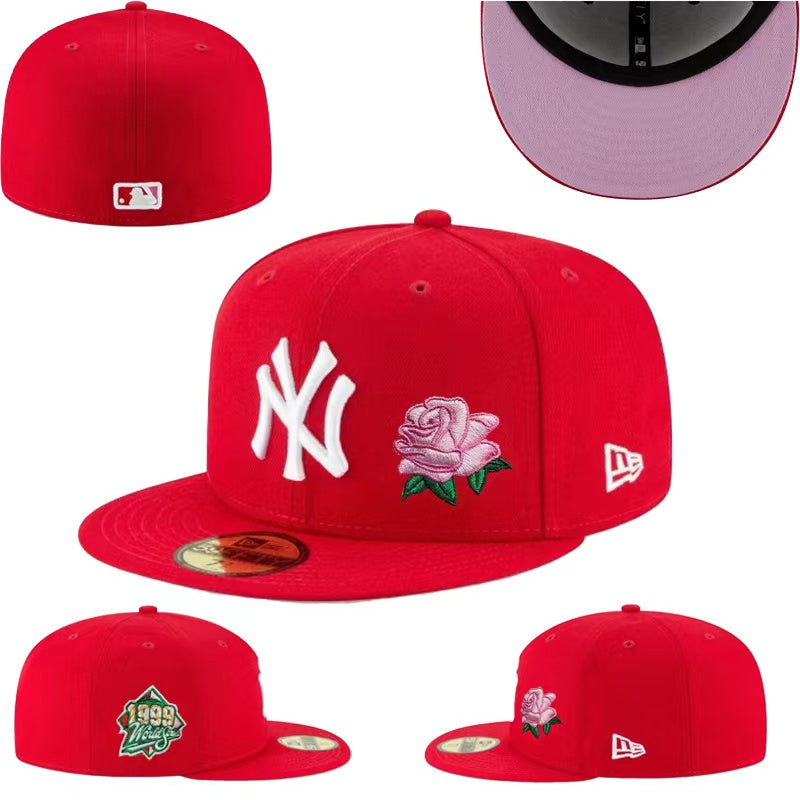 New York Yankees 59FIFTY Hat with Rose Embroidery and 1999 World Series Patch - Red