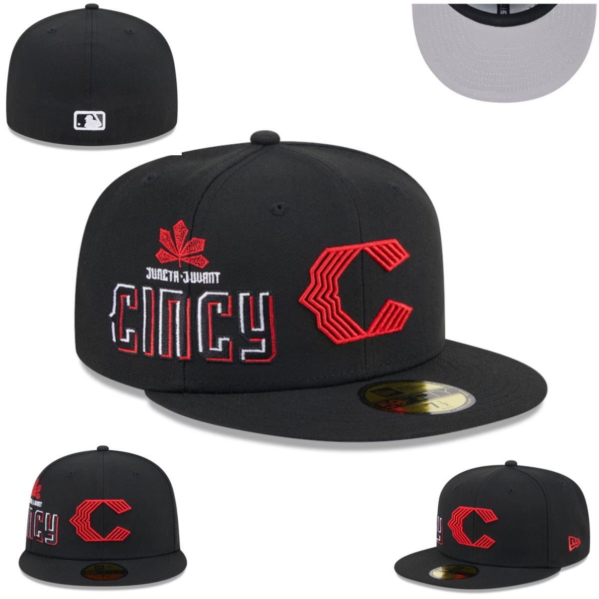 Cincinnati Reds "Cincy" Black Fitted Hat with Embroidered Red C and Leaf Design