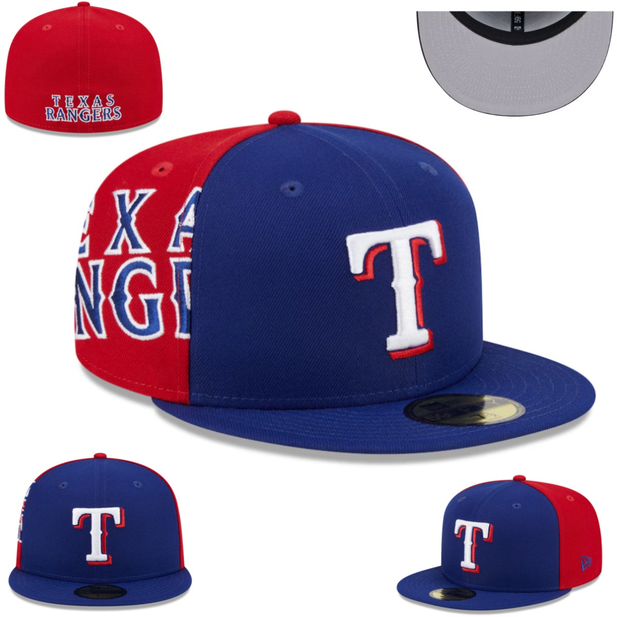 Texas Rangers Split-Panel Fitted Hat with Oversized Logo - Blue and Red