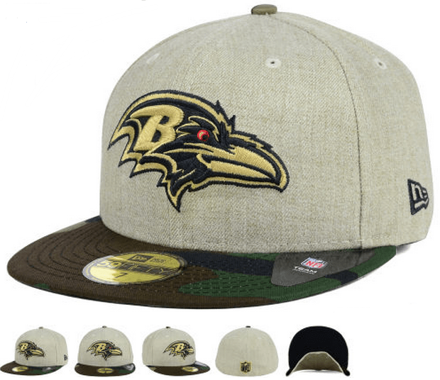 Baltimore Ravens Fitted Hat with Gold Logo and Camouflage Brim - Khaki and Camo