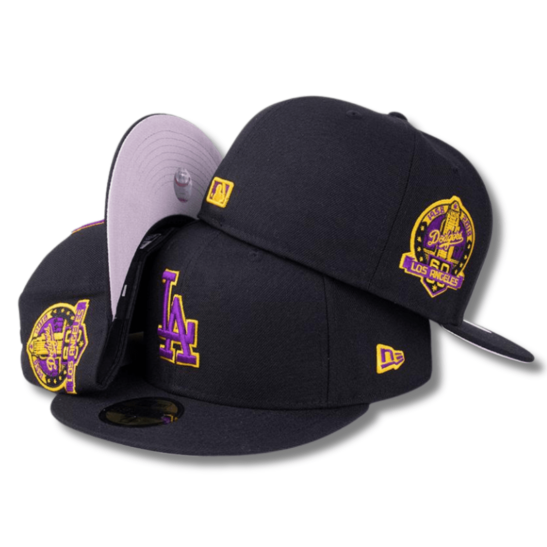 Los Angeles Dodgers Fitted Hat with 60th Anniversary Patch and Purple-Gold Accents - Black