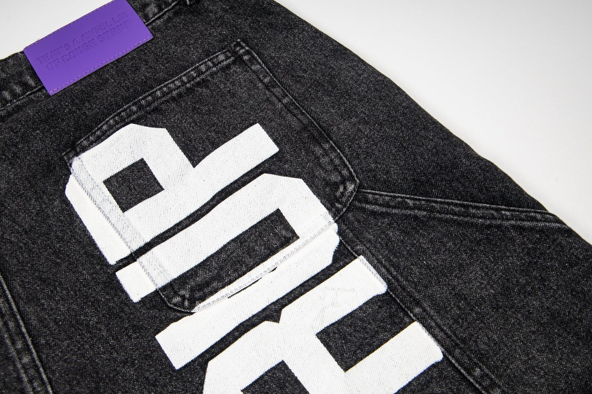 THAT'S A AWFUL LOT OF COUGH SYRUP Washed Denim Graphic Shorts — detail