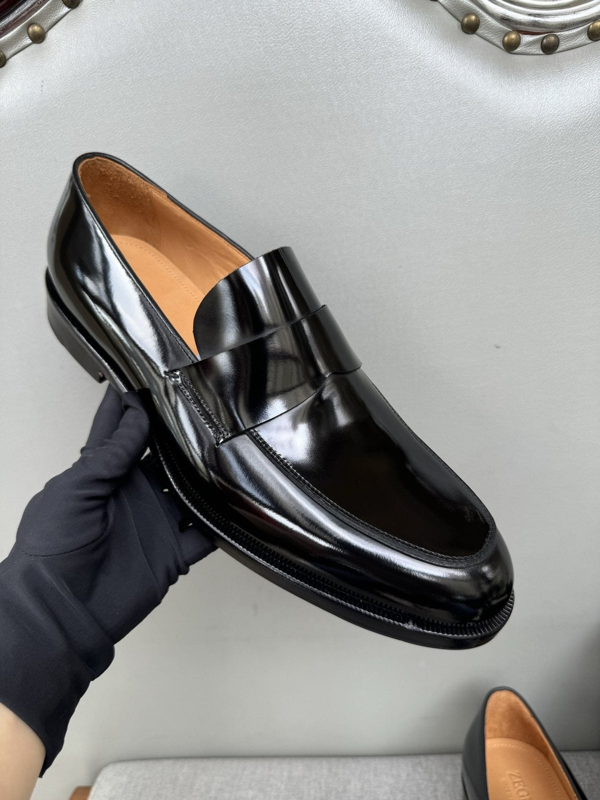 Zegna Glossy Black Leather Loafers — side