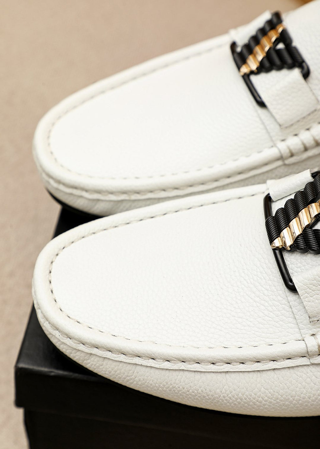 Prada White Metal-Buckle Loafers — detail