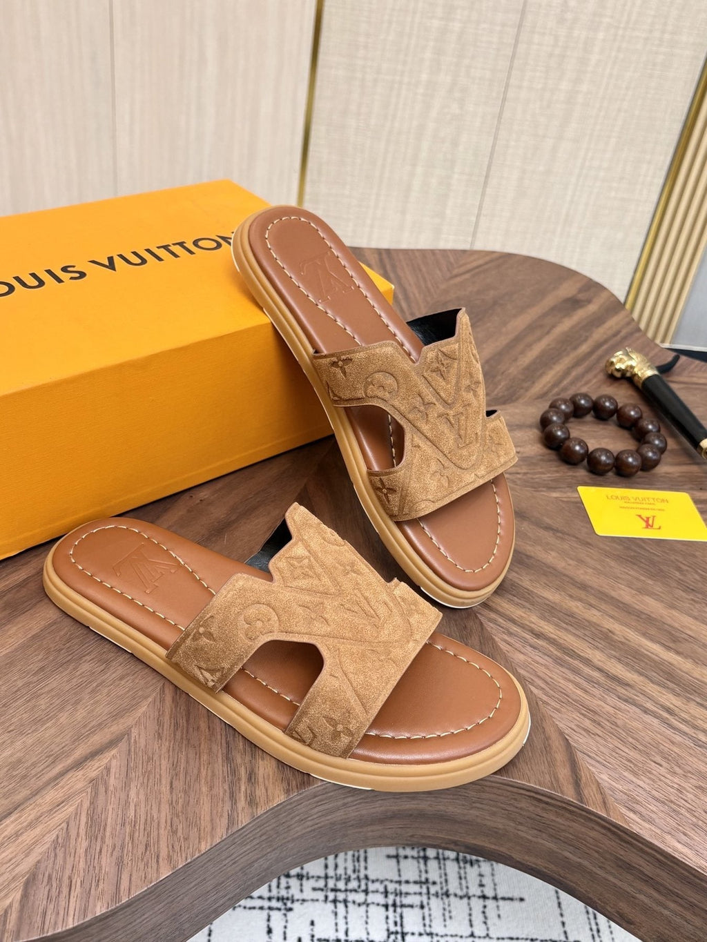 Louis Vuitton Tan Monogram Slide Sandals — front