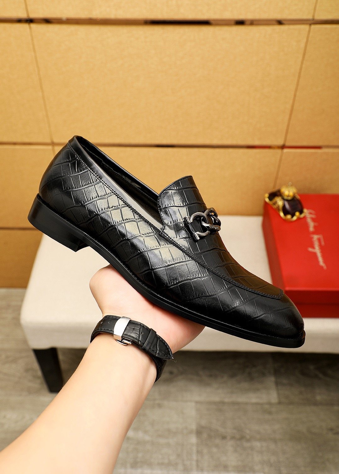Ferragamo Black Embossed Bit Loafers — side