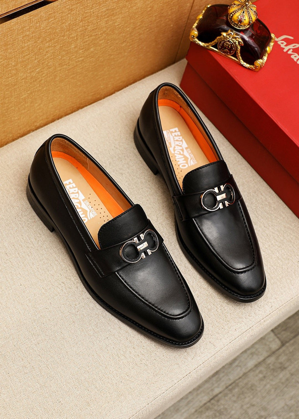 Ferragamo Black Buckle Loafers — hero