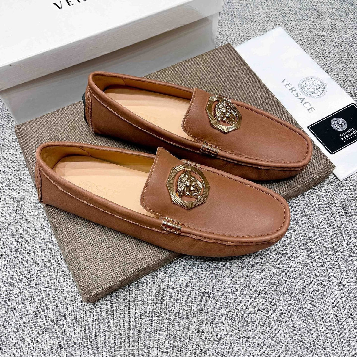 Versace Tan Brown Leather Driving Loafers — front
