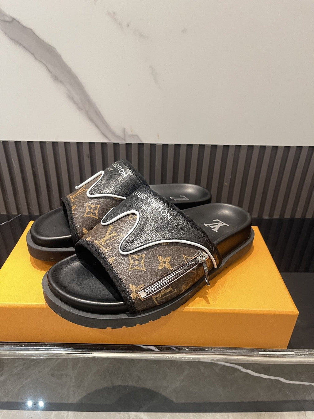Louis Vuitton Brown Monogram Slide Sandals — side