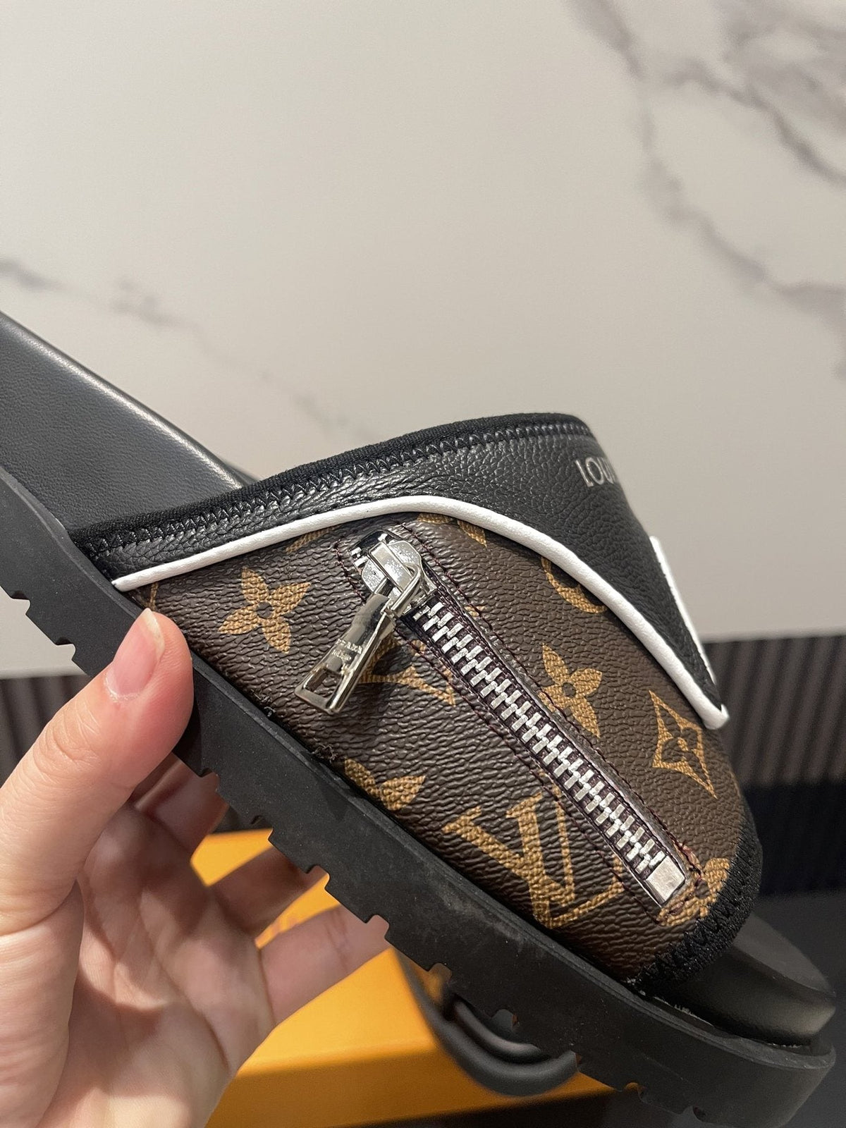 Louis Vuitton Brown Monogram Slide Sandals — detail