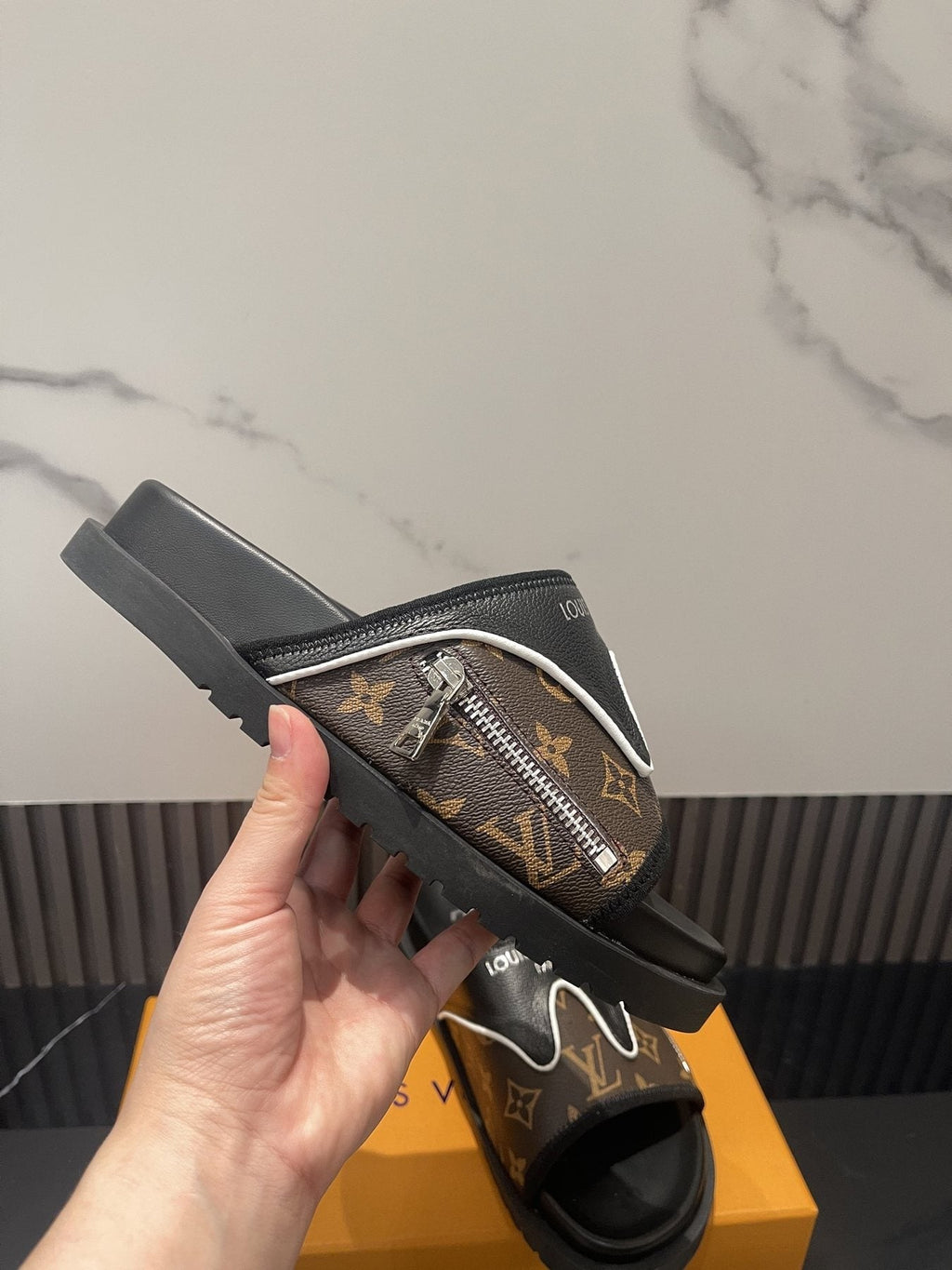 Louis Vuitton Brown Monogram Slide Sandals — side