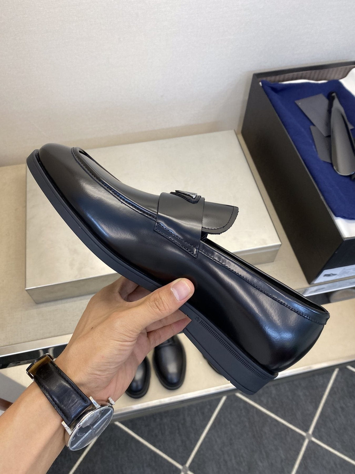 Prada Black Triangle Plaque Loafers — side