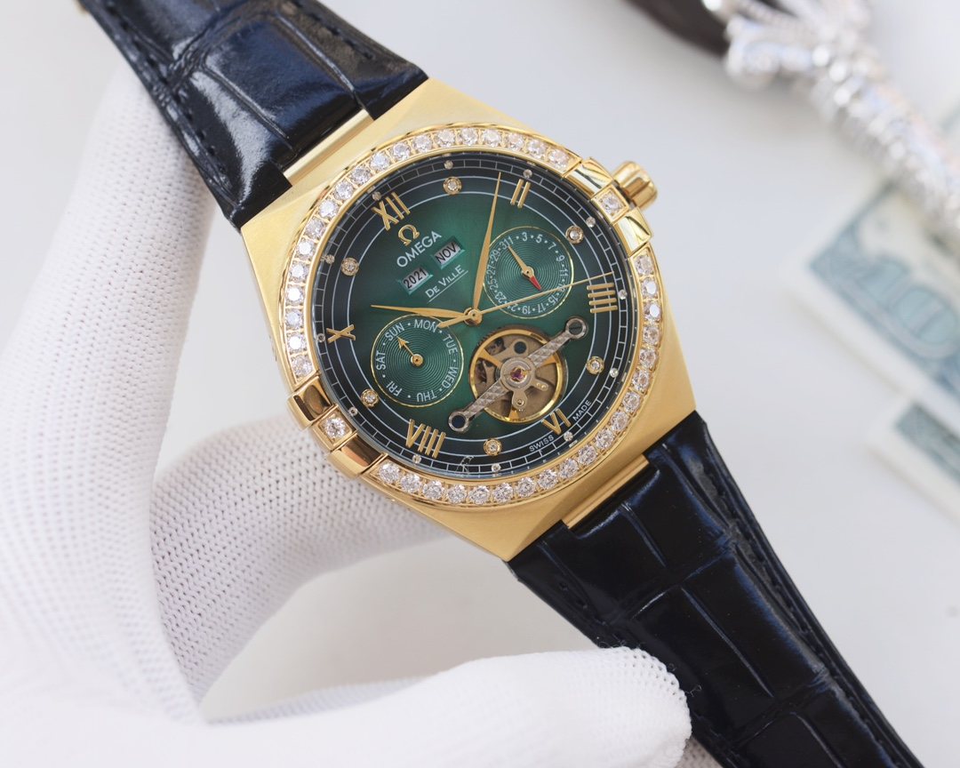 OMEGA Gold Black Green Dial Strap Watch — hero