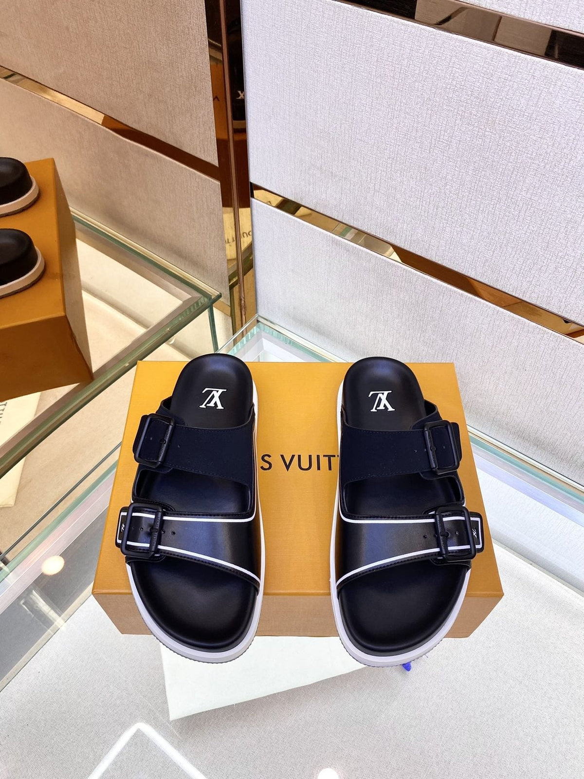 Louis Vuitton Black Two-Strap Slide Sandals — front