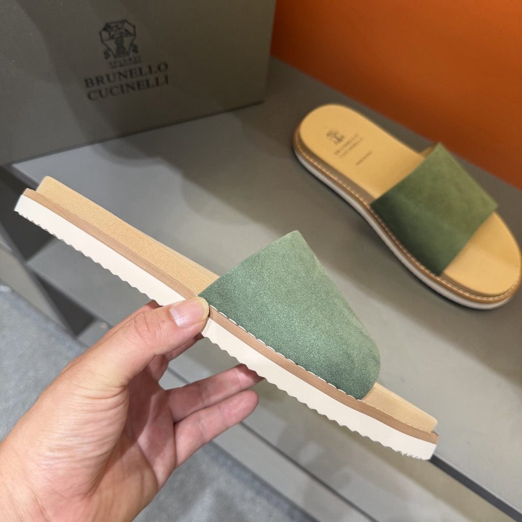 Brunello Cucinelli Sage Green Slide Sandals — model