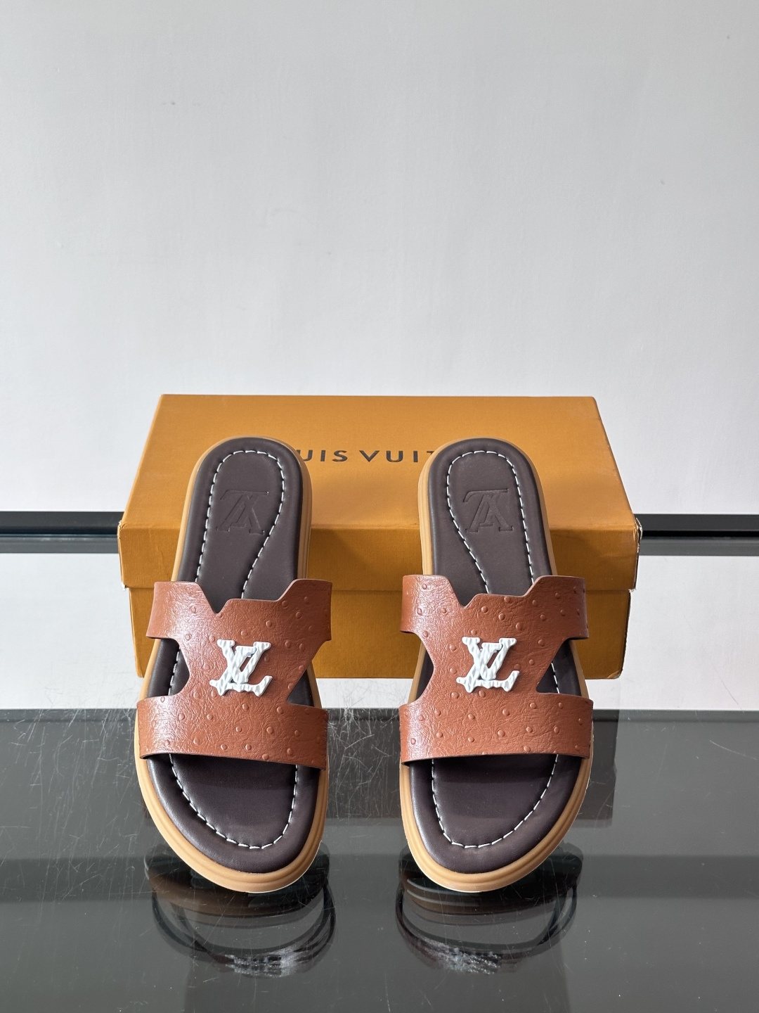 Louis Vuitton Brown Logo Slide Sandals — front