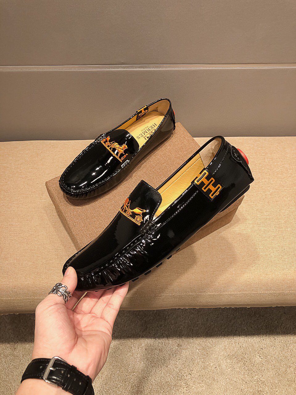 Hermès Black Glossy Hardware Loafers — front