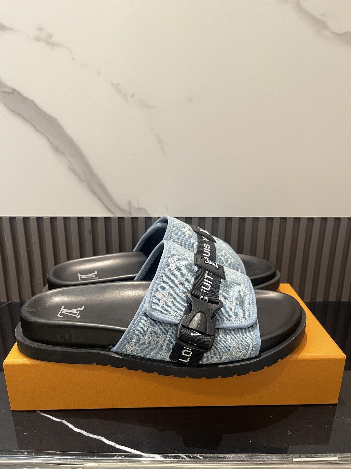 Louis Vuitton Light Blue and Black Slide Sandals — side