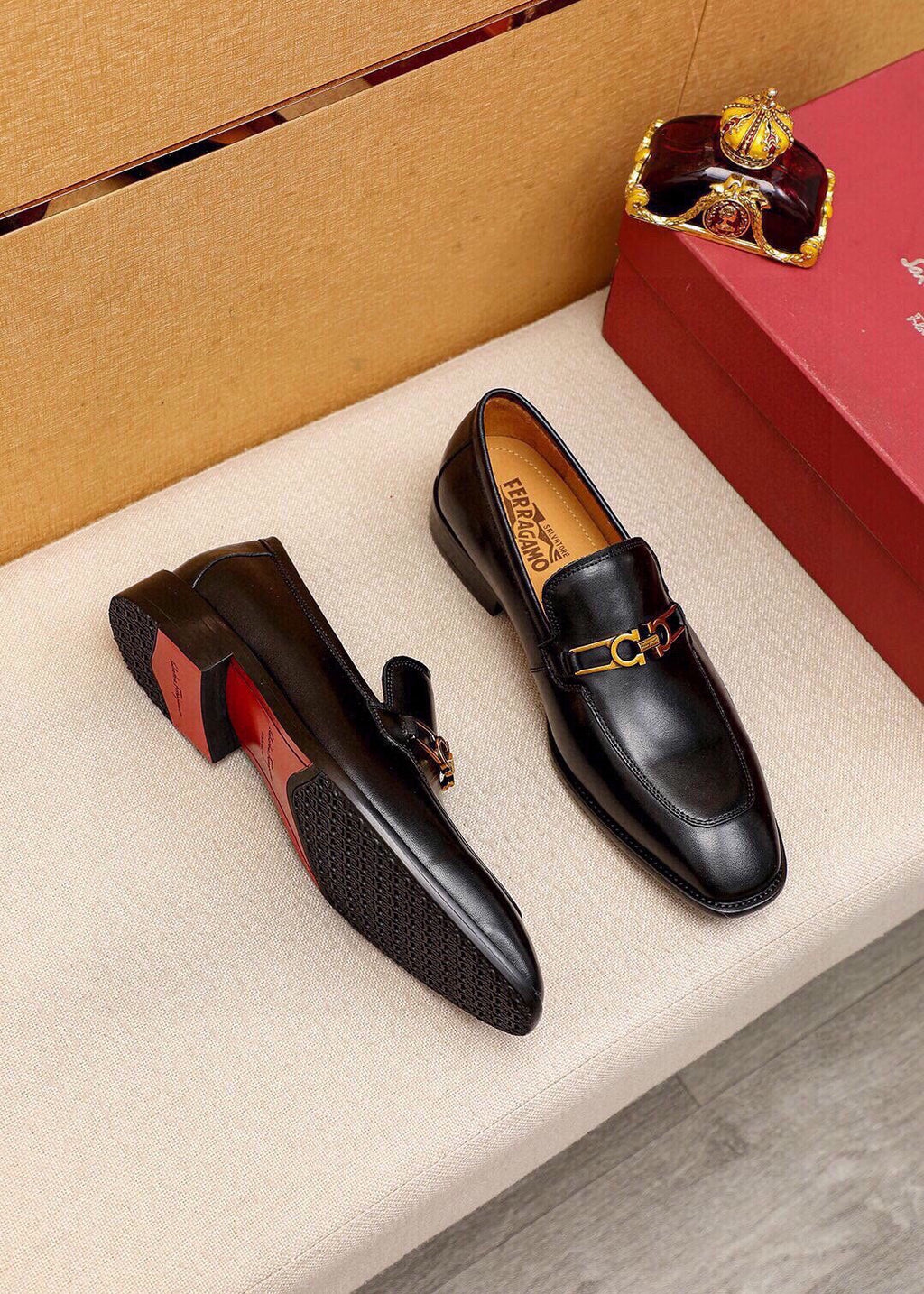 Ferragamo Black Leather Hardware Loafers — side