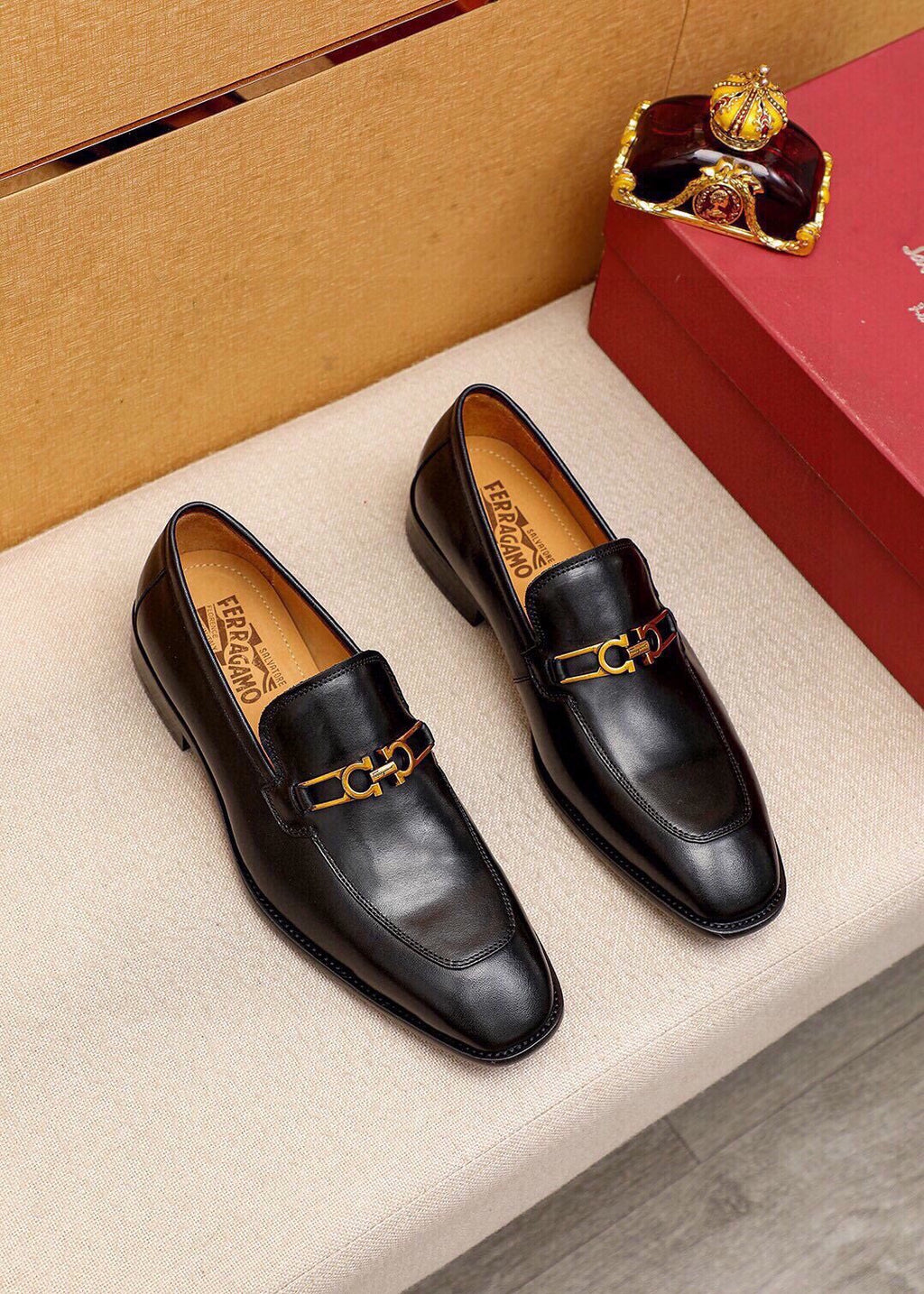 Ferragamo Black Leather Hardware Loafers — hero