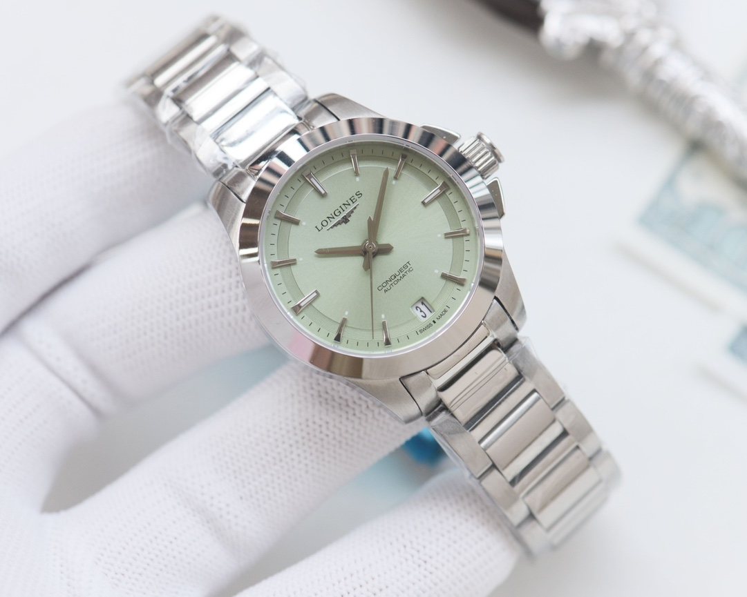 Longines Silver Green Dial Bracelet Watch — front