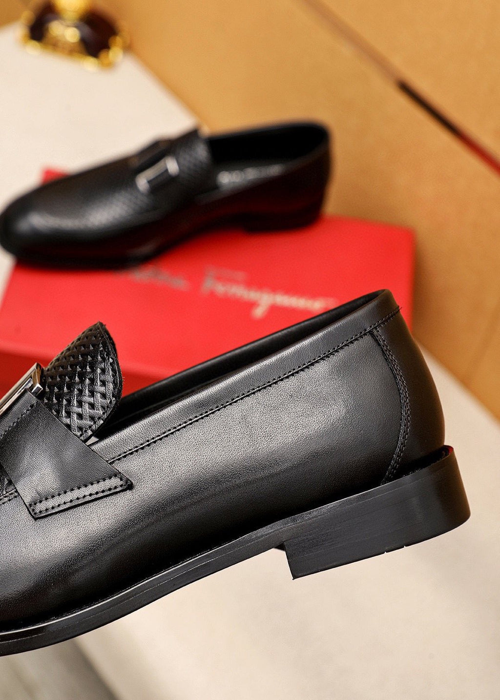 Ferragamo Black Buckle Loafers — detail