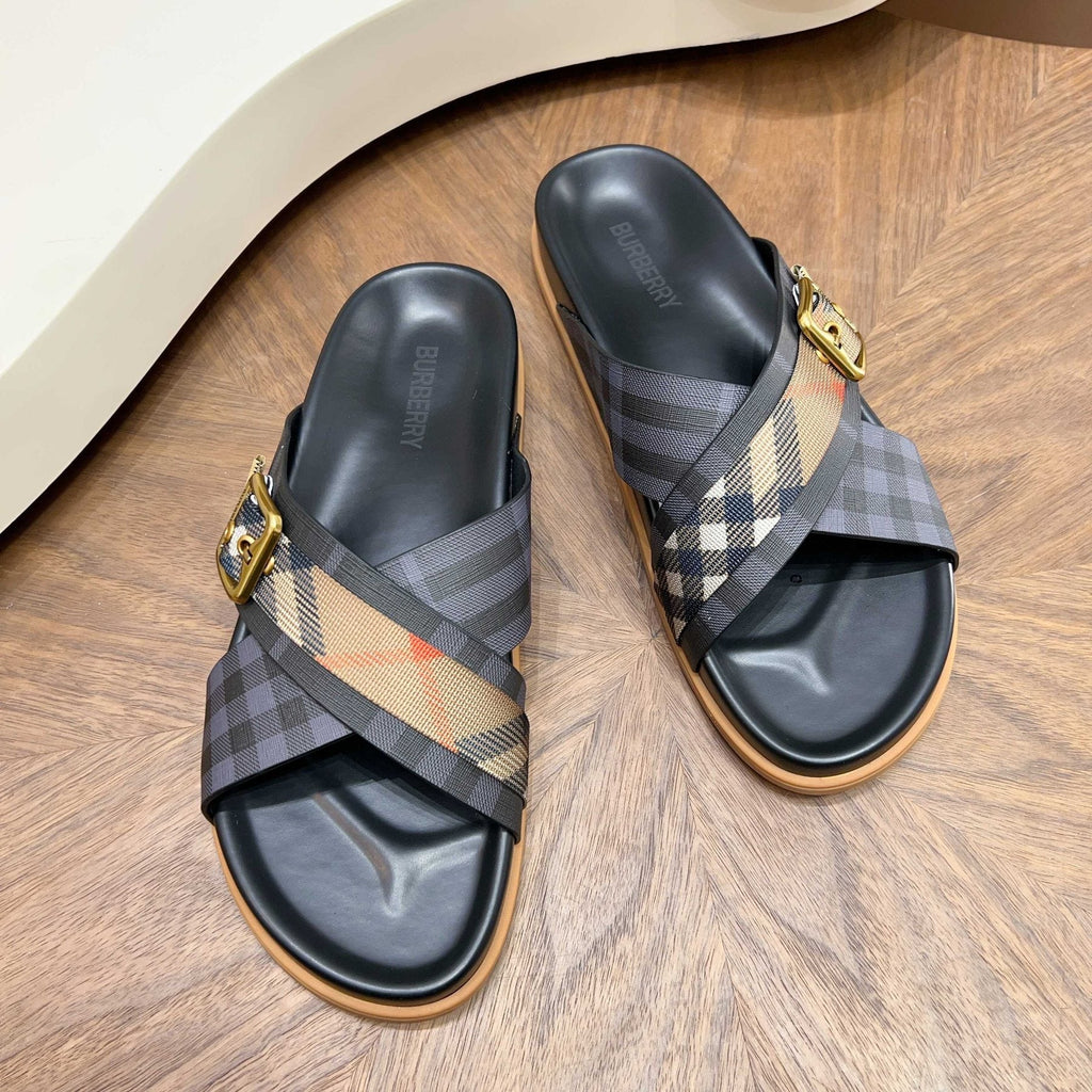 Burberry Charcoal Check Buckle Slide Sandals — front