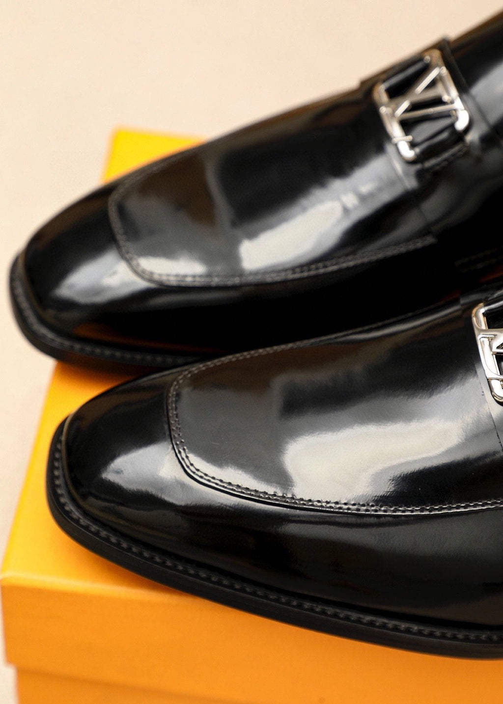 Louis Vuitton Glossy Black Leather Loafers — detail