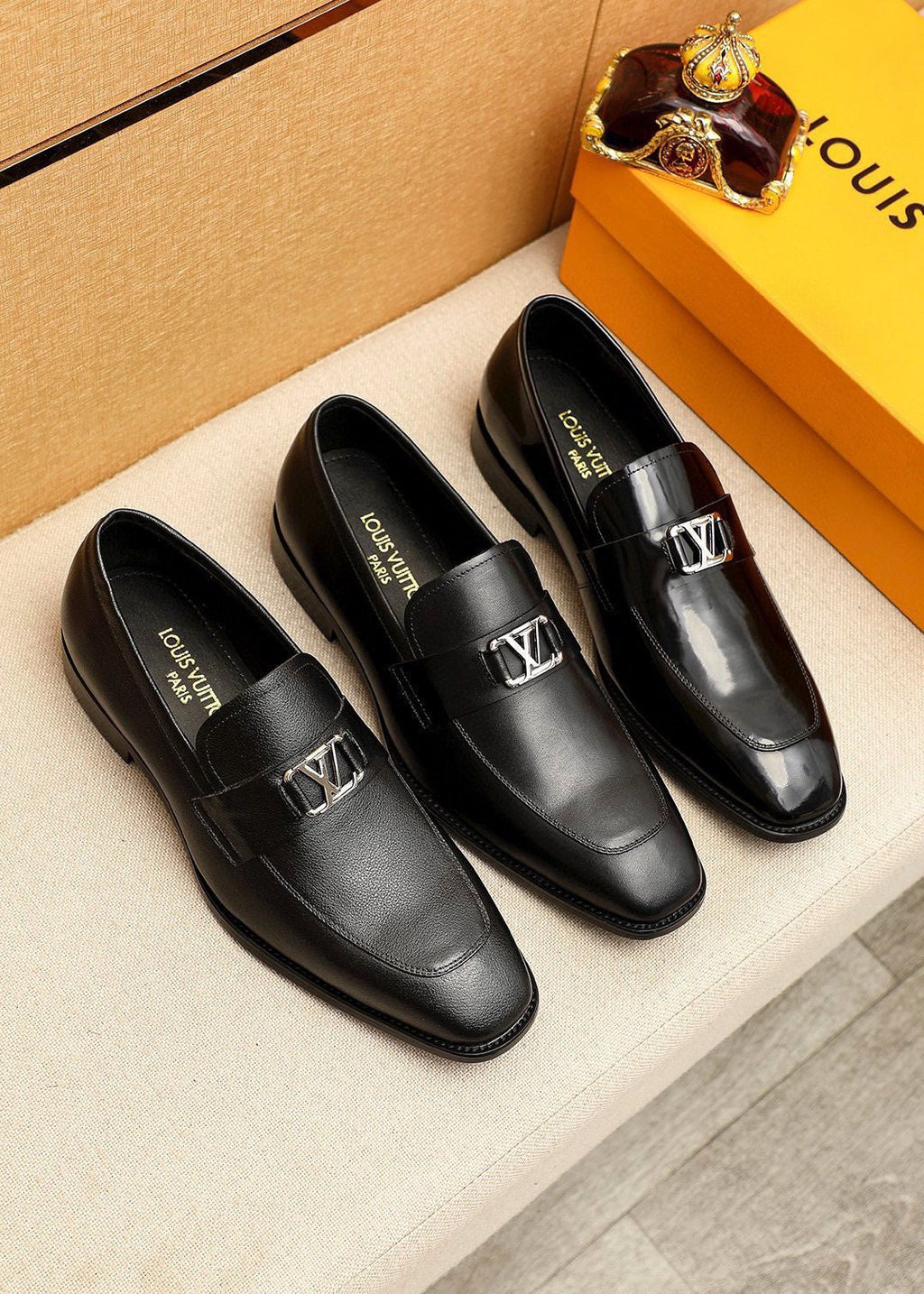 Louis Vuitton Glossy Black Leather Loafers — front