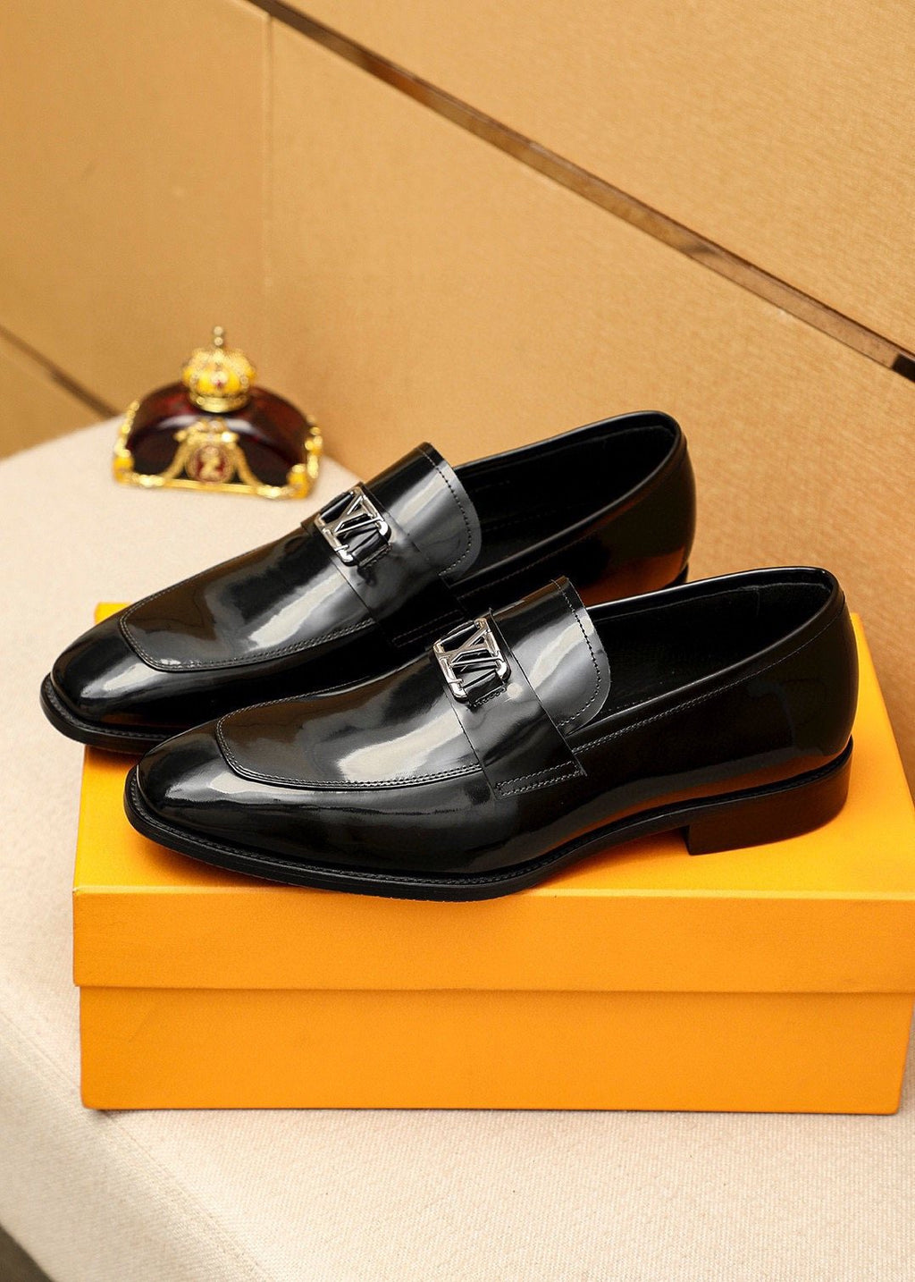 Louis Vuitton Glossy Black Leather Loafers — front