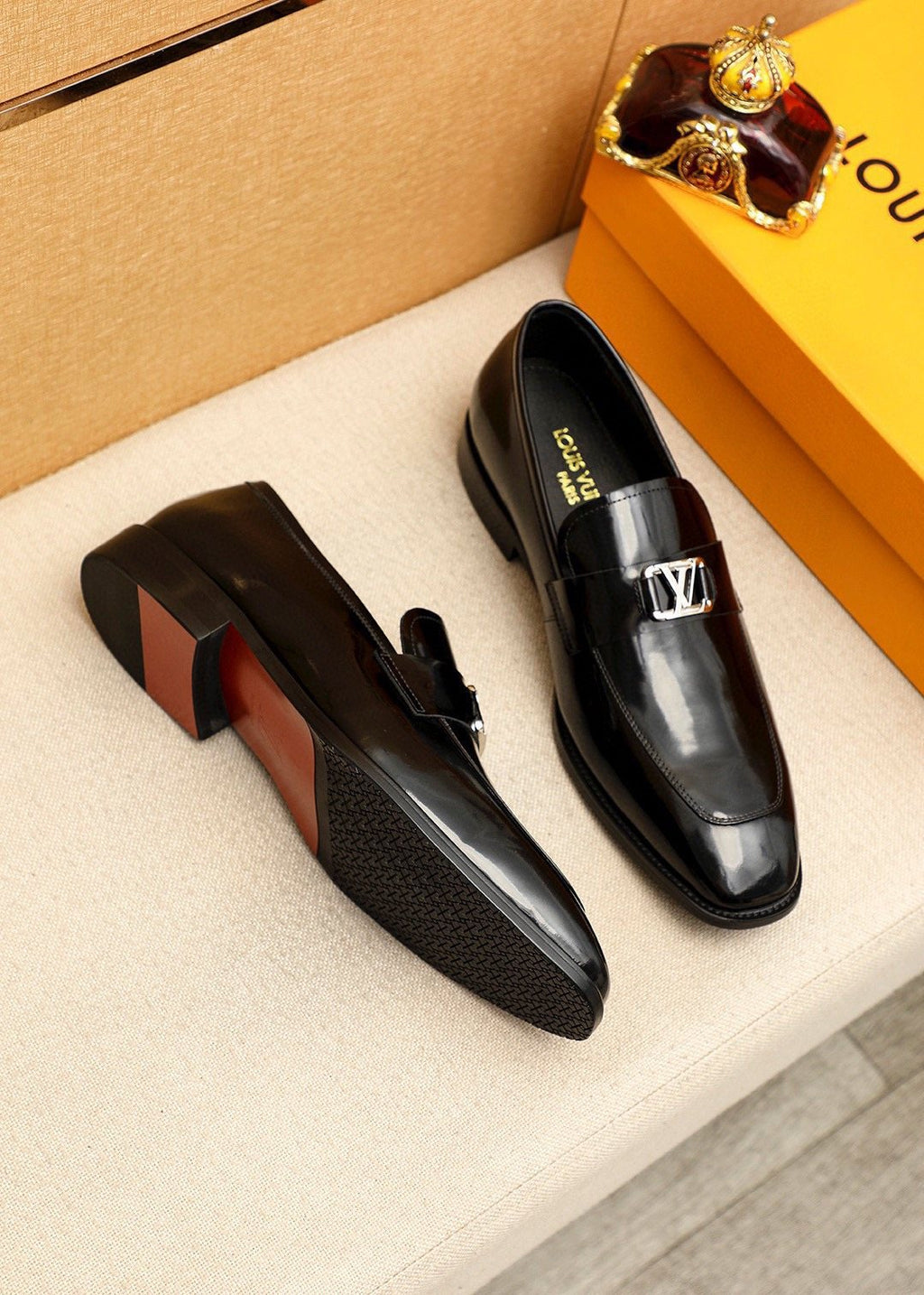 Louis Vuitton Glossy Black Leather Loafers — side