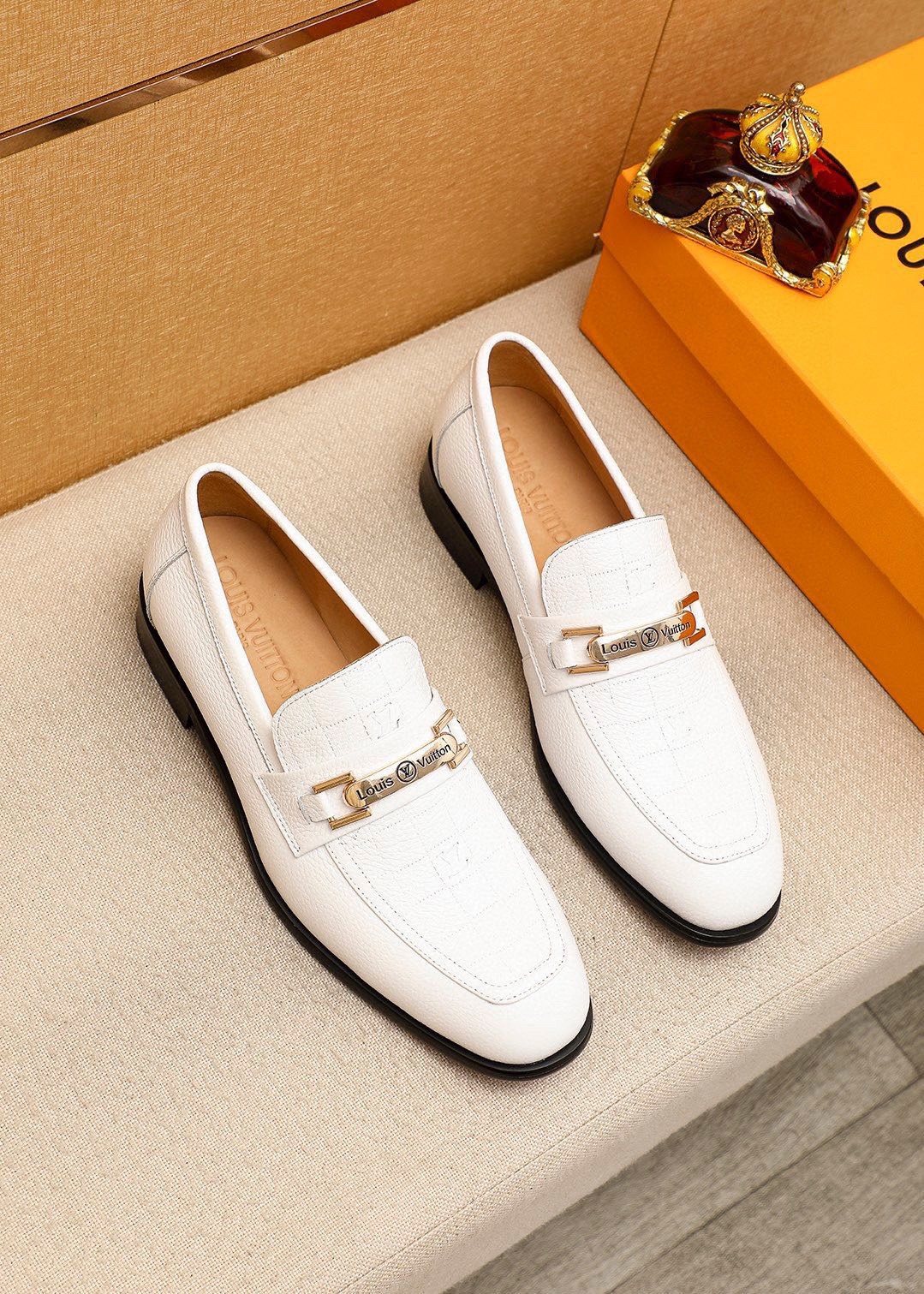 Louis Vuitton White Textured Bar Loafers — front
