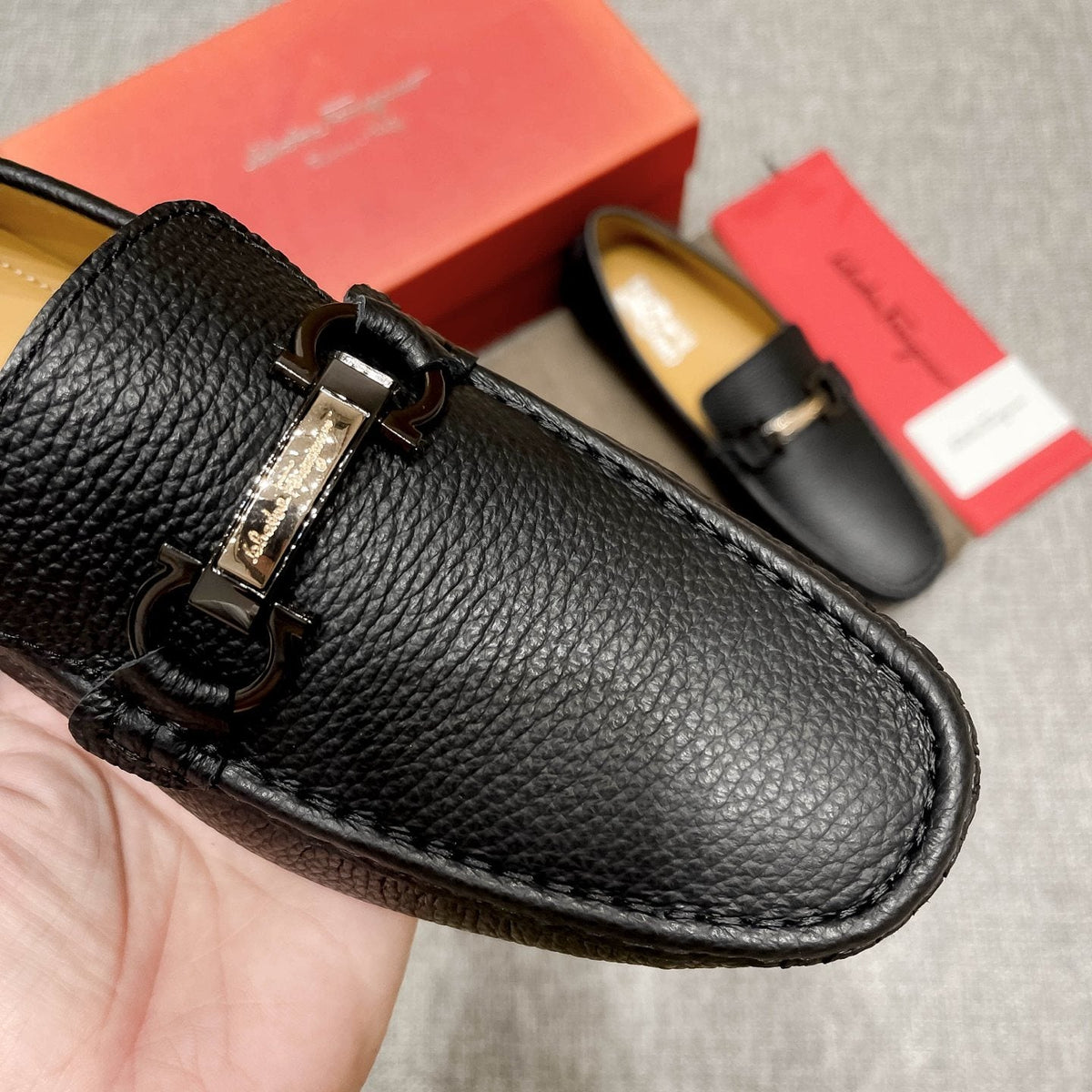 Salvatore Ferragamo Black Textured Driving Loafers — detail