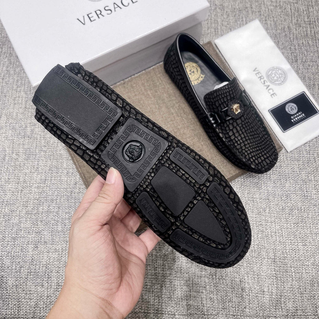 Versace Black Textured Driving Loafers — detail